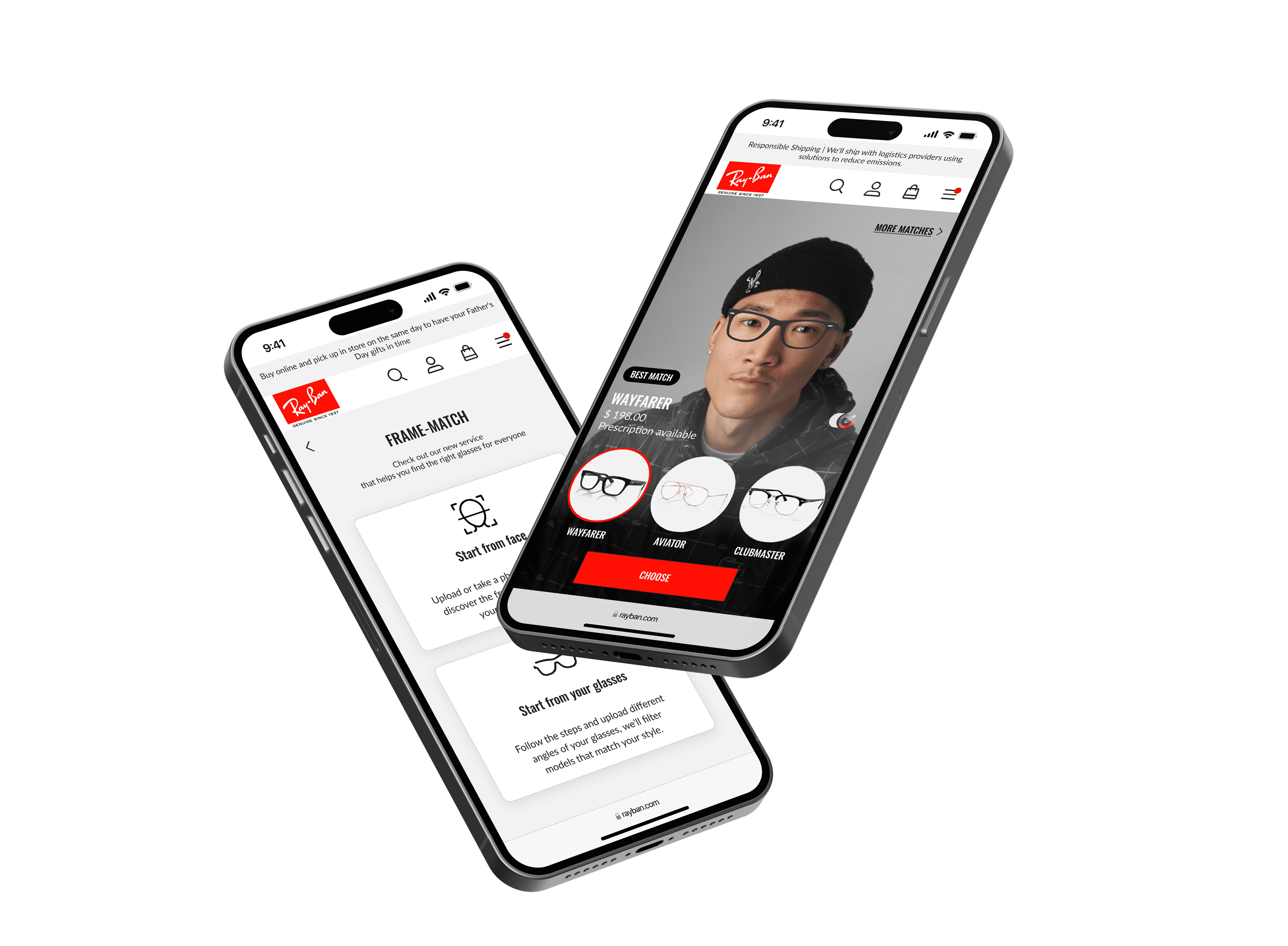 Two i-phones with different screen of the matching process between the face-shape of the user and the perfectly fitting model of frames.
