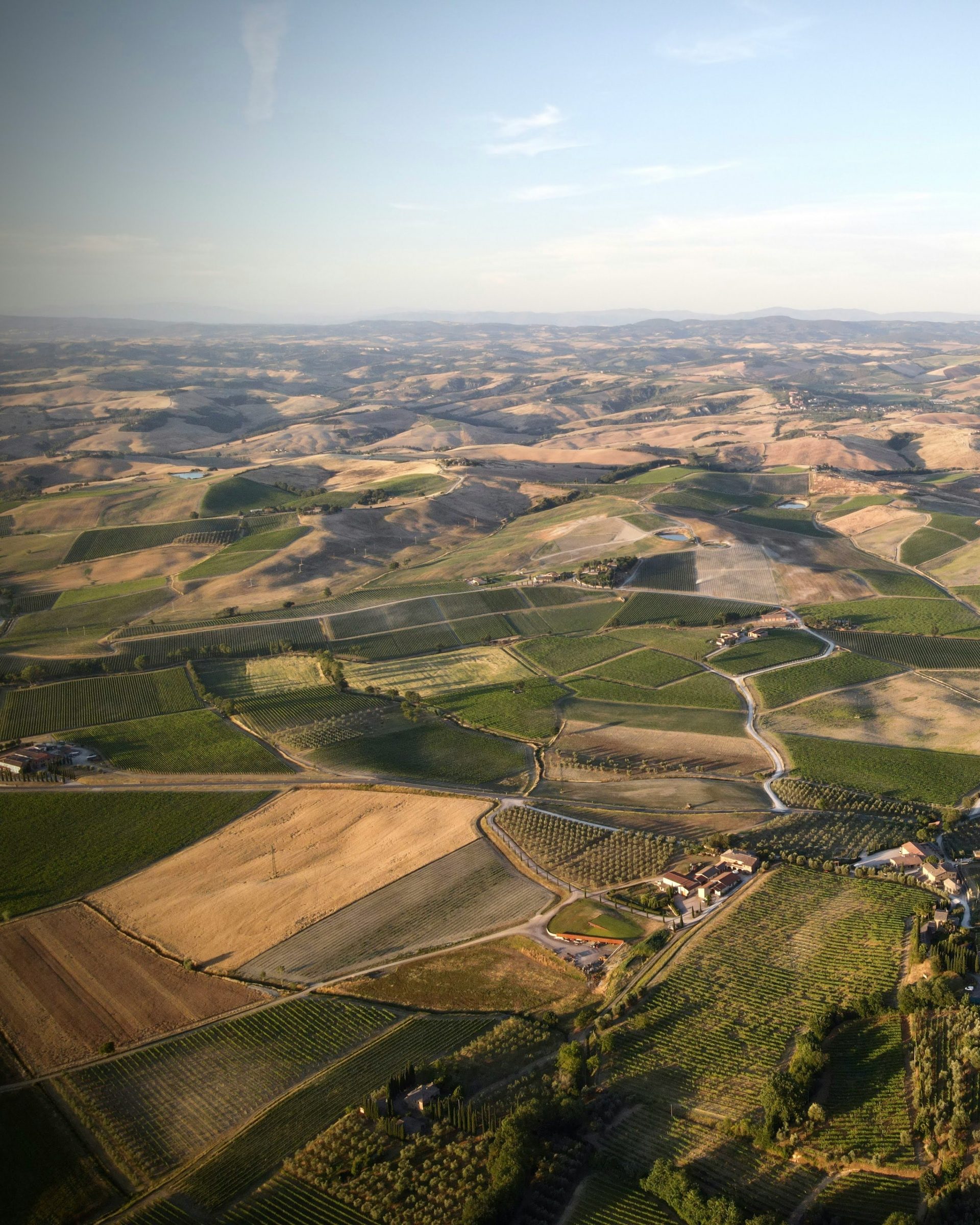 A drone view of many fields, till the horizon line.