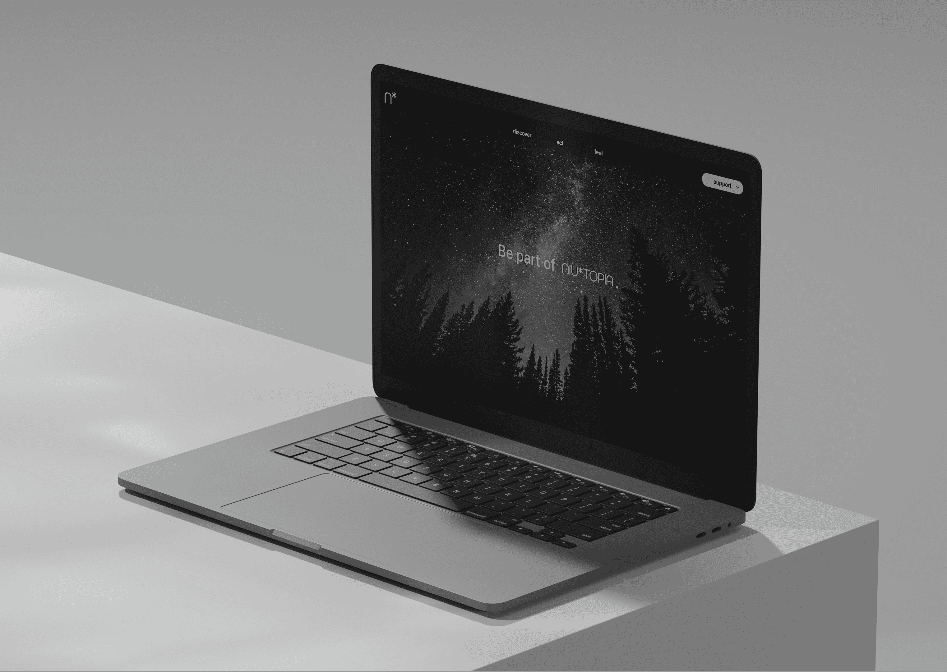 A mockup displaying a Macbook on a grey table. The open page invites to Become part of Niutopia.