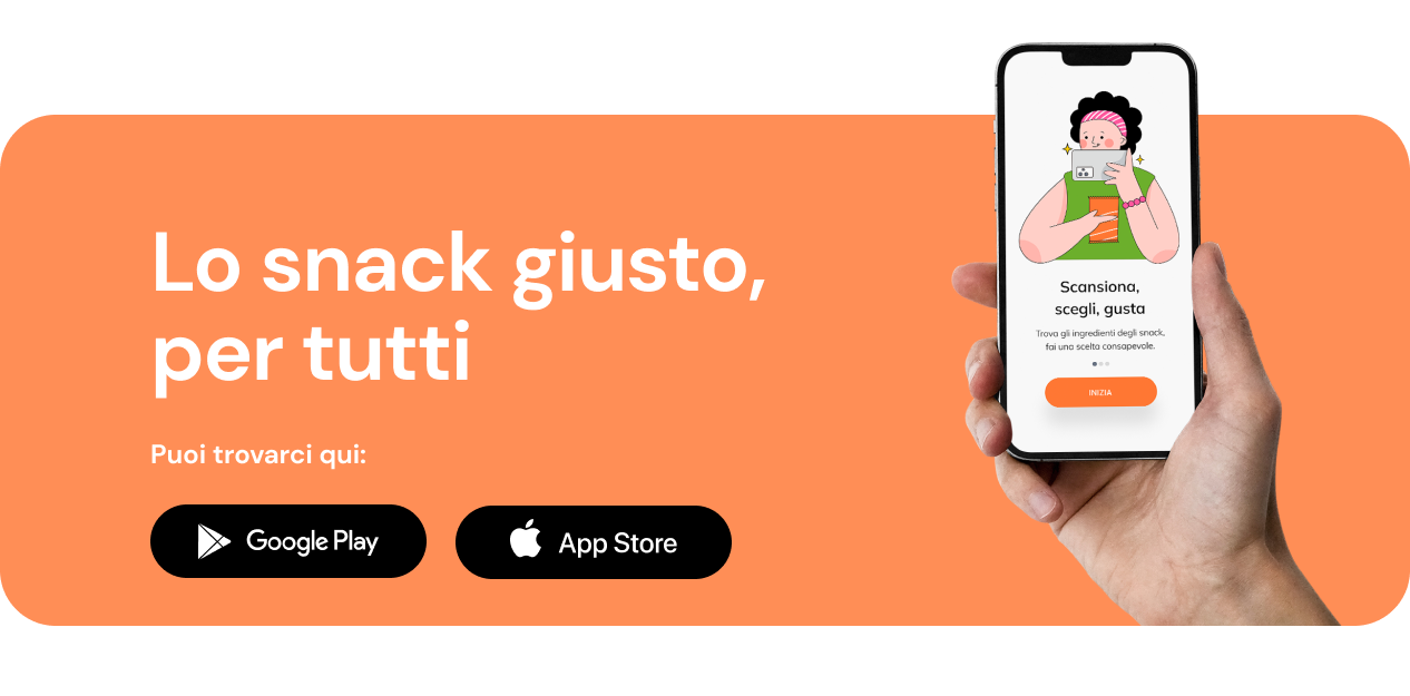 Promotional banner for the Snackit app. The slogan "The right snack for everyone" is on the left, with buttons to download it through Google Play or App Store.