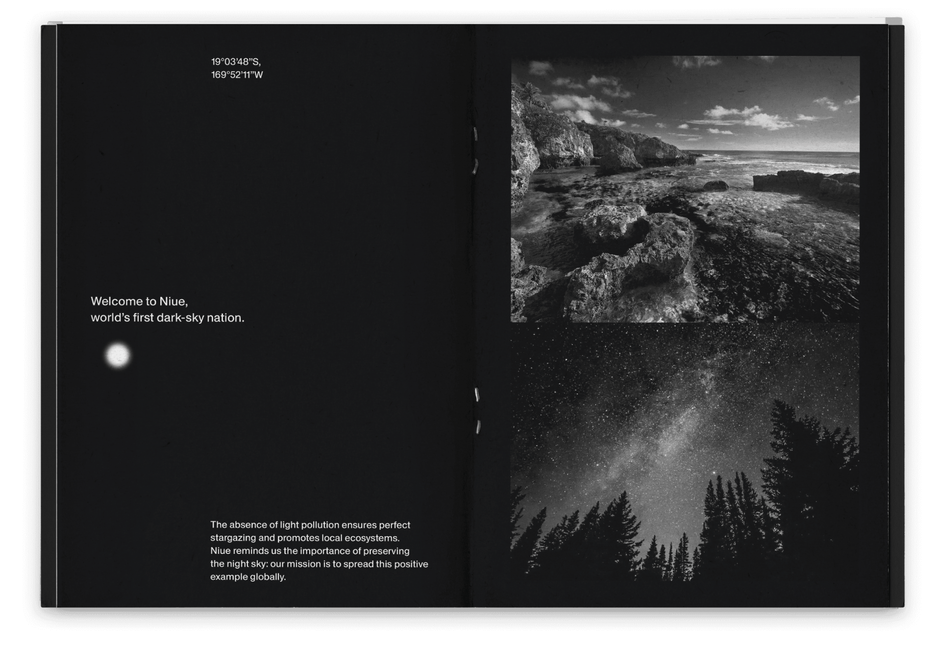 A spread of a brochure about Niutopia island and association. The left page contains the island's coordinates and a brief presentation, while the right one is filled with natural views (night sky and coast).