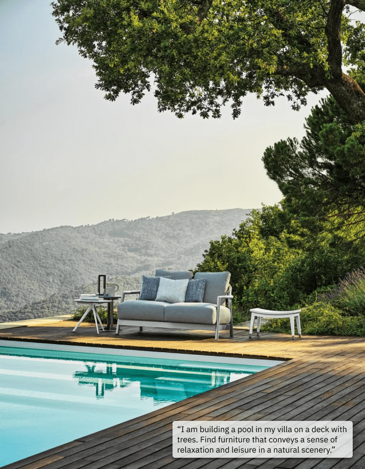 AI-generated image with the corresponding prompt: "I am building a pool in my villa on a deck with trees. Find furniture that conveys a sense of relaxation and leisure in a natural scenery."