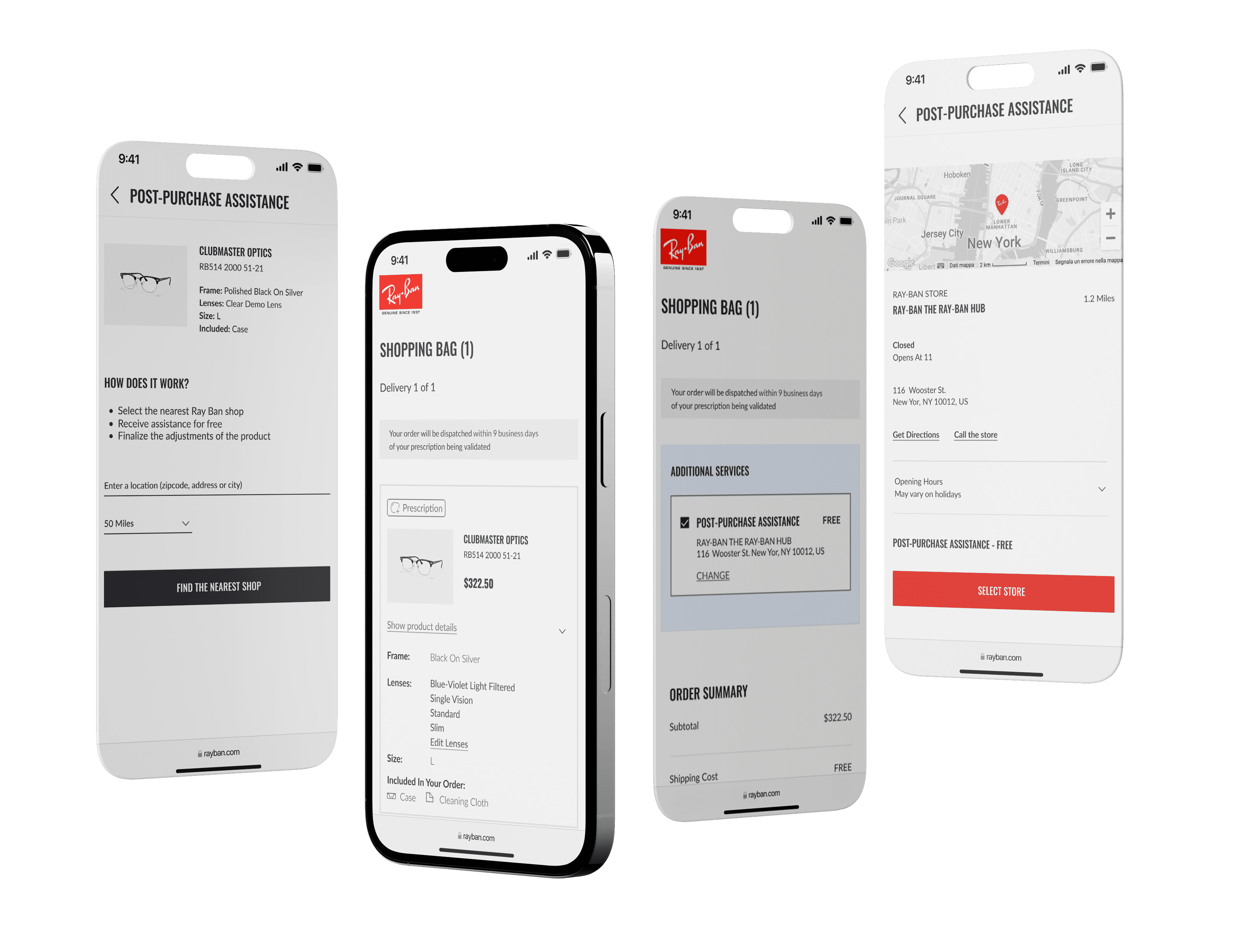 Different screenshot of the flow of post-purchase assistance in the physical stores.