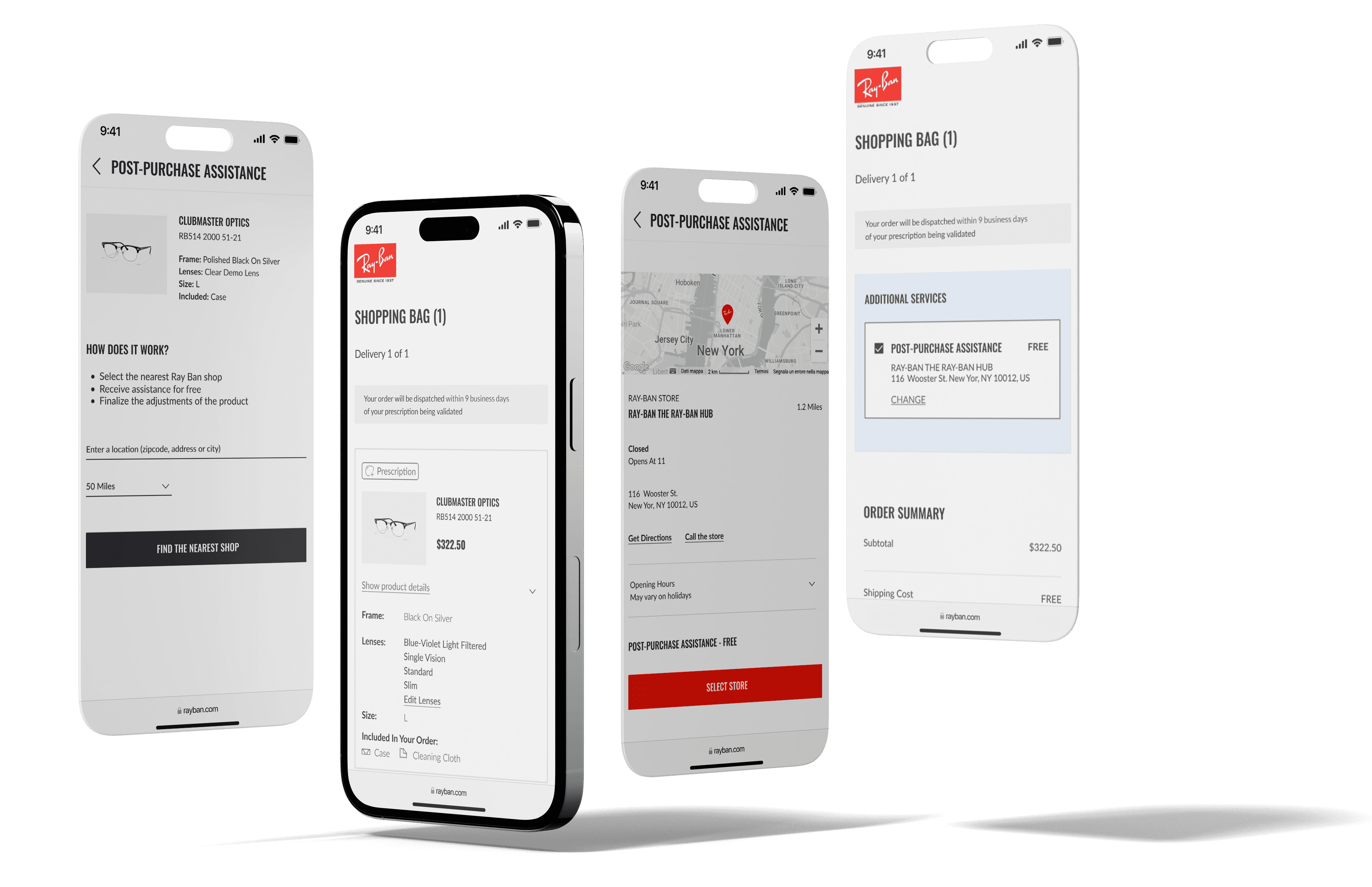 Different screenshot of the flow in app of the post-purchase assistance, with physical stores to check the purchase.